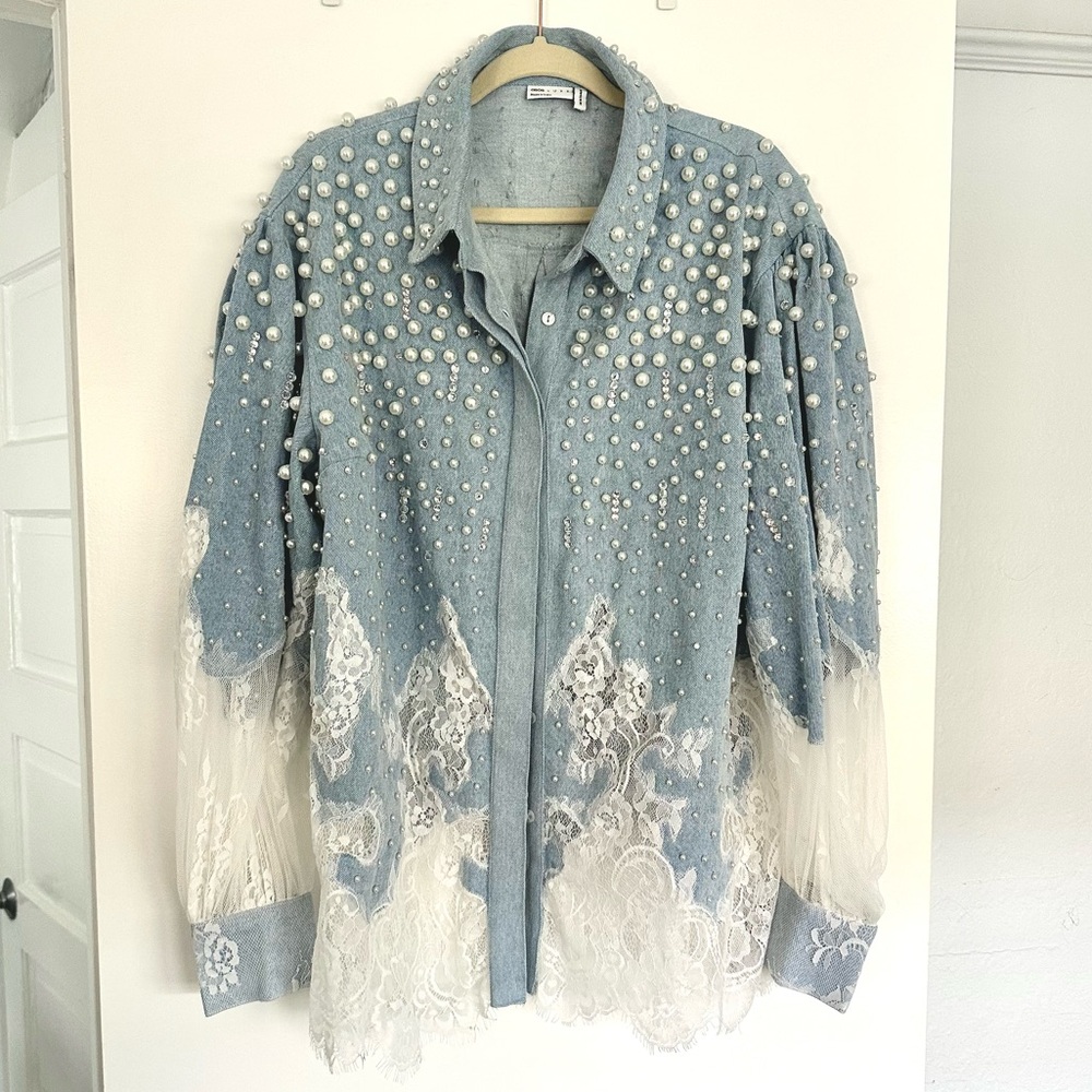 NWT ASOS pearl embellished denim shirt with lace details in mid wash blue US14